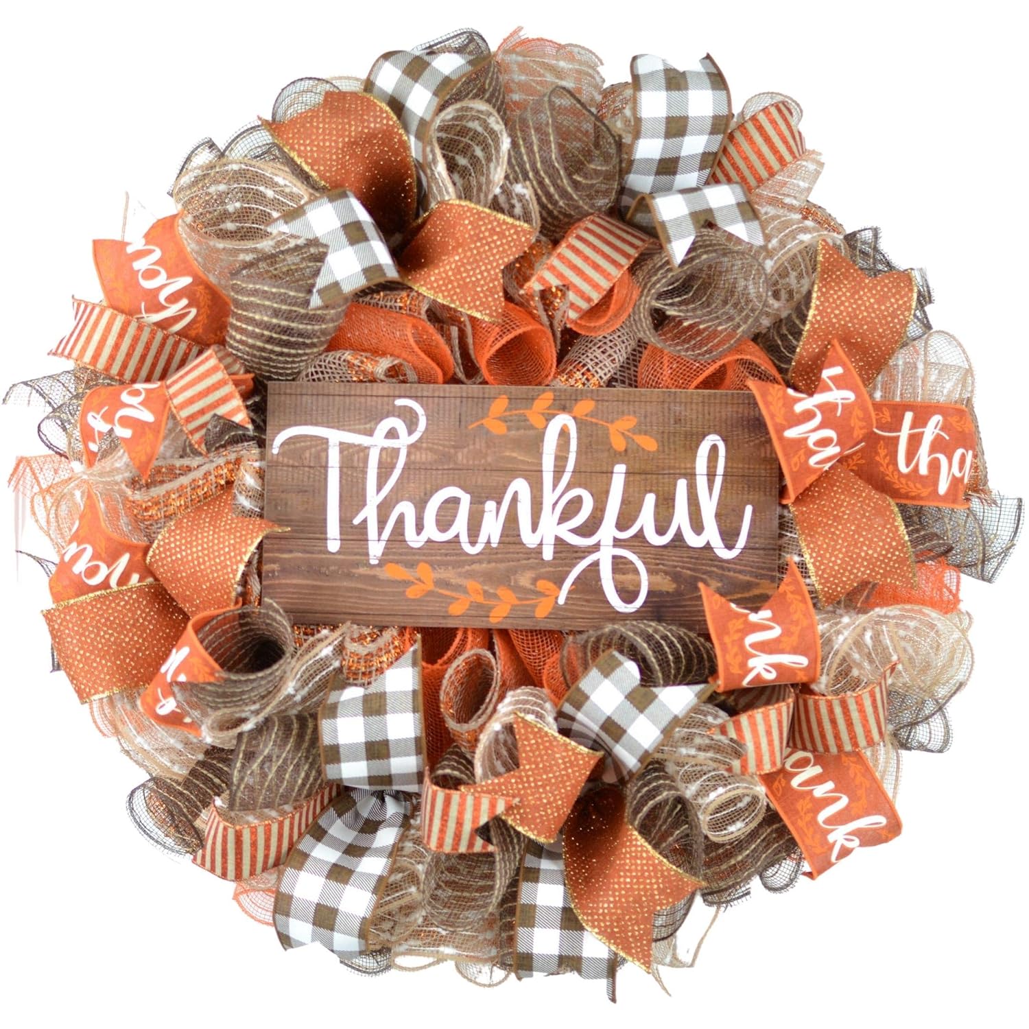 Thankful Wreath, Wreath for Fall, Autumn Wreaths for Front Door, Thanksgiving Deco Mesh Decor; Brown Orange Burlap White