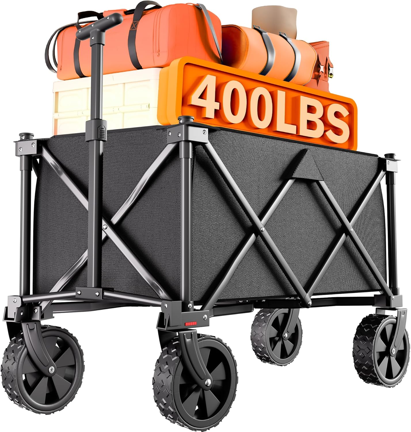 BEAU JARDIN Collapsible Folding Wagon Cart with Big Wheels Foldable Cart with 400LBS Capacity Utility Lightweight Wagon Heavy Duty Grocery Cart for Camping Garden Outdoor Fishing Sports Shopping Black Glossy Black Pull