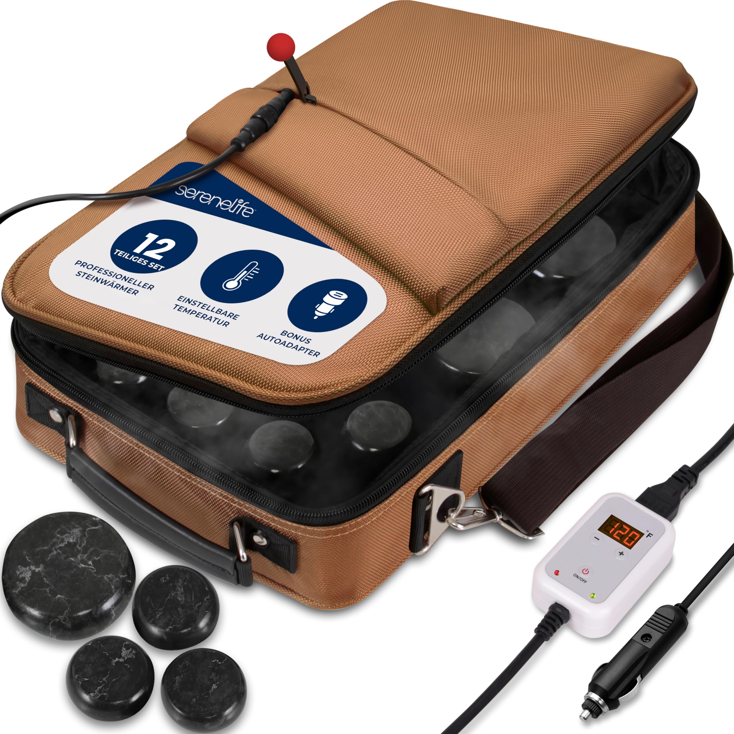 SereneLife Hot Stone Massage Set mit Heiztasche 12 Basalt Massagesteine Digitale Temperatursteuerung Wärmegerät Wellness
