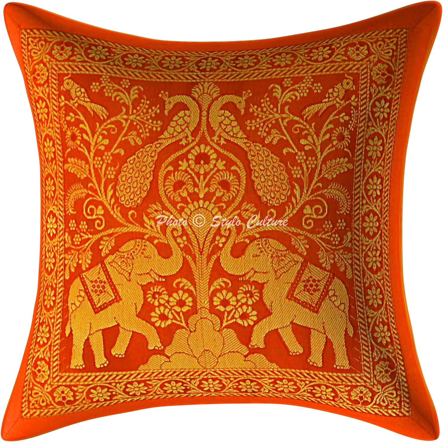 Bohemian Decorative Sofa Settee Accent Throw Pillow Covers 30x30 cm Brocade Living Room Orange Elephant Jacquard Square Luxury Zippered Indian 12x12 Inch Cushion Covers - 5 Pcs