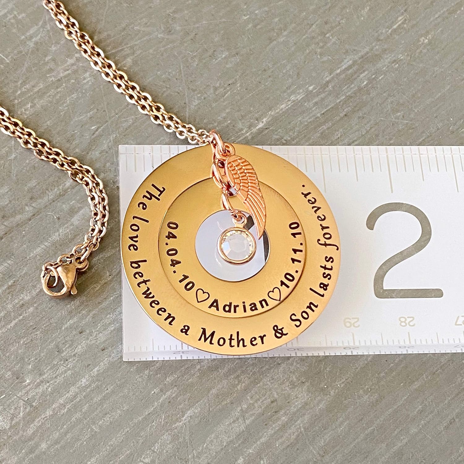 Personalized Loss of a Son Memorial Necklace for Mom, Silver, Rose Gold, or Yellow Gold "The love between a Mother & Son lasts Forever"