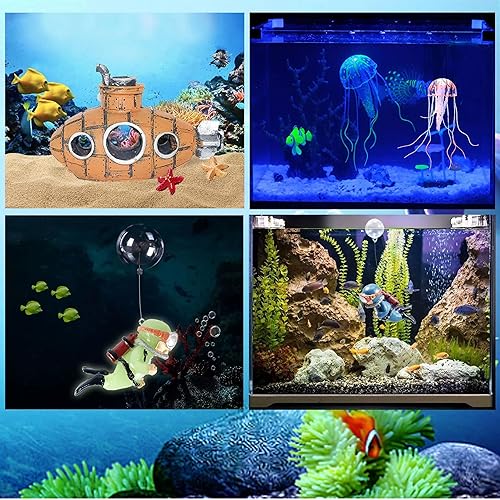 Miniatura 3 de BEZALEL Decoraciones de pecera  Juego de decoración flotante de 12 piezas, incluye buzo flotante, medusa falsa, estrella de mar y submarino