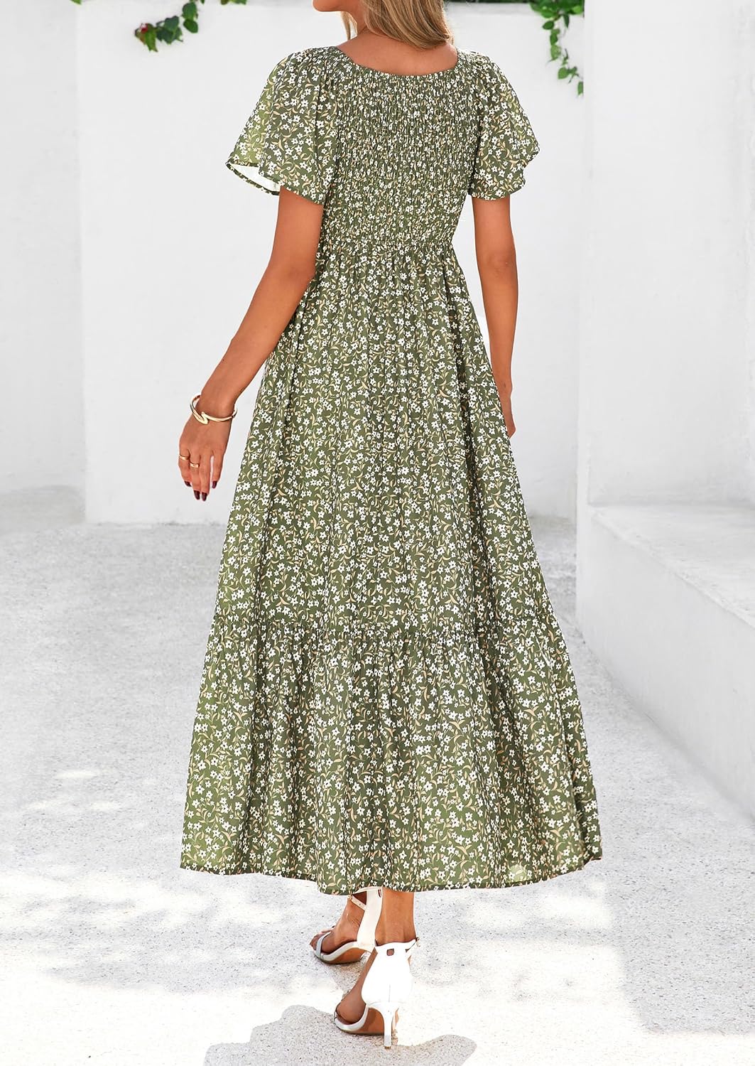 PRETTYGARDEN Boho Dresses for Women 2026 Summer Floral Short Sleeve V Neck Smocked Flowy Beach Vacation Maxi Dress - Image 2