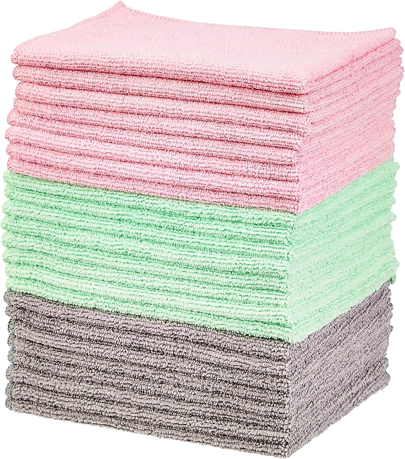  Basics Microfiber Cleaning Cloths, Non-Abrasive, Reusable and Washable - Pack of 24, 12 x16-Inch, Pink, Green and Gray : Health & Household