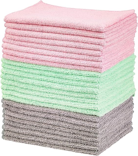 Amazon Basics Green, Gray and Pink Microfiber Cleaning Cloth, 24-Pack