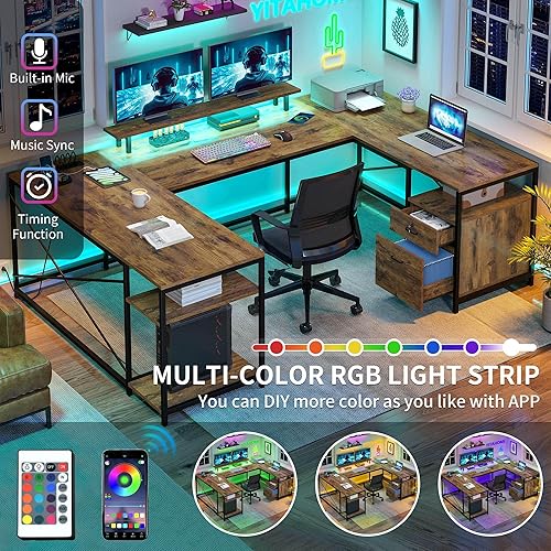 Miniatura 4 de YITAHOME Escritorio en Forma de U con Tomas de Corriente y Luces LED, Escritorio Reversible en Forma de L de 79" con Cajones, Escritorio de Esquina