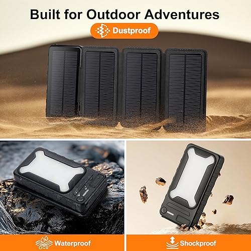 Miniatura 4 de EcoGreen Banco de energía solar de 10000 mAh con carga rápida de 18 W y linterna LED, 4 paneles solares plegables impermeables para senderismo y