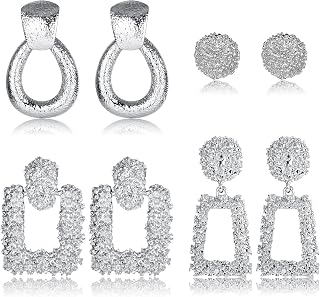 4Pairs Statement Drop Earrings Dangly Earrings Boho Drop Stud Earrings Piercings for Women Large Metal Geometric Silver/Gold Earrings for Women