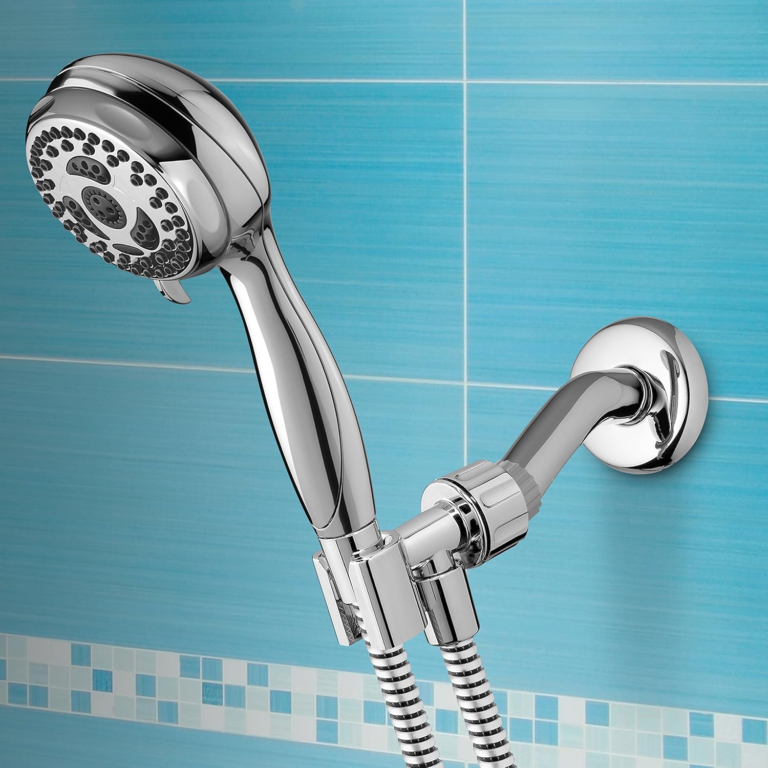 Waterpik NSL 653 Linea 6-Mode Handheld Shower installed on a shower arm.