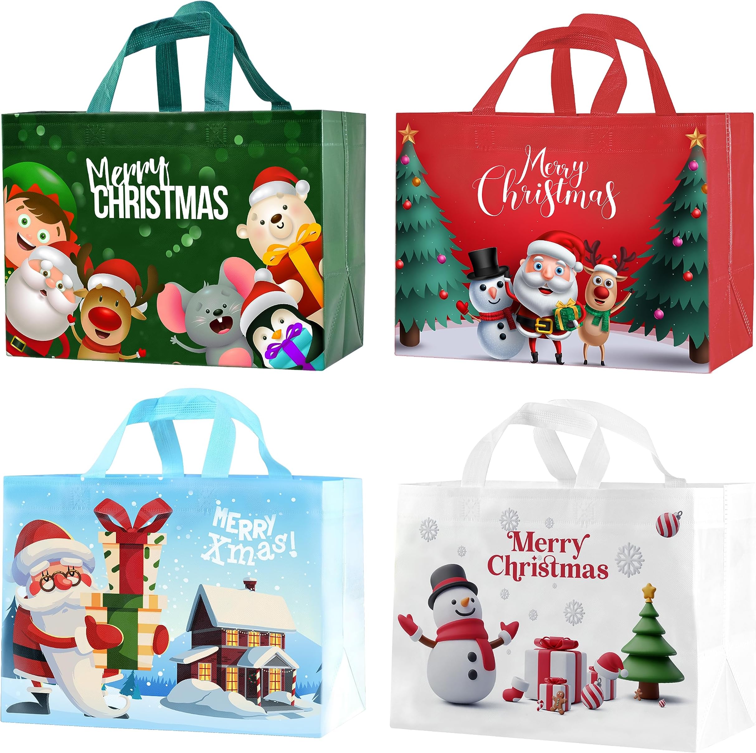 16PCS Christmas Gift Bags,Christmas Tote Bags with Handles, Christmas Treat Bags, Multifunctional Non-Woven Christmas Bags for Gifts Wrapping Shopping, Xmas Party Supplies, 13"ร9.8"ร6.6"