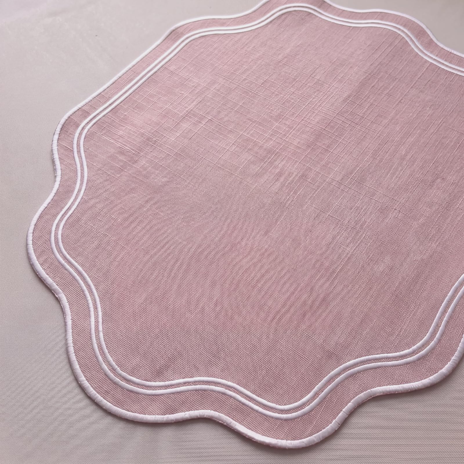 Pink Scalloped Placemats Set of 6 Cotton Embroidered Table Mat for Wedding