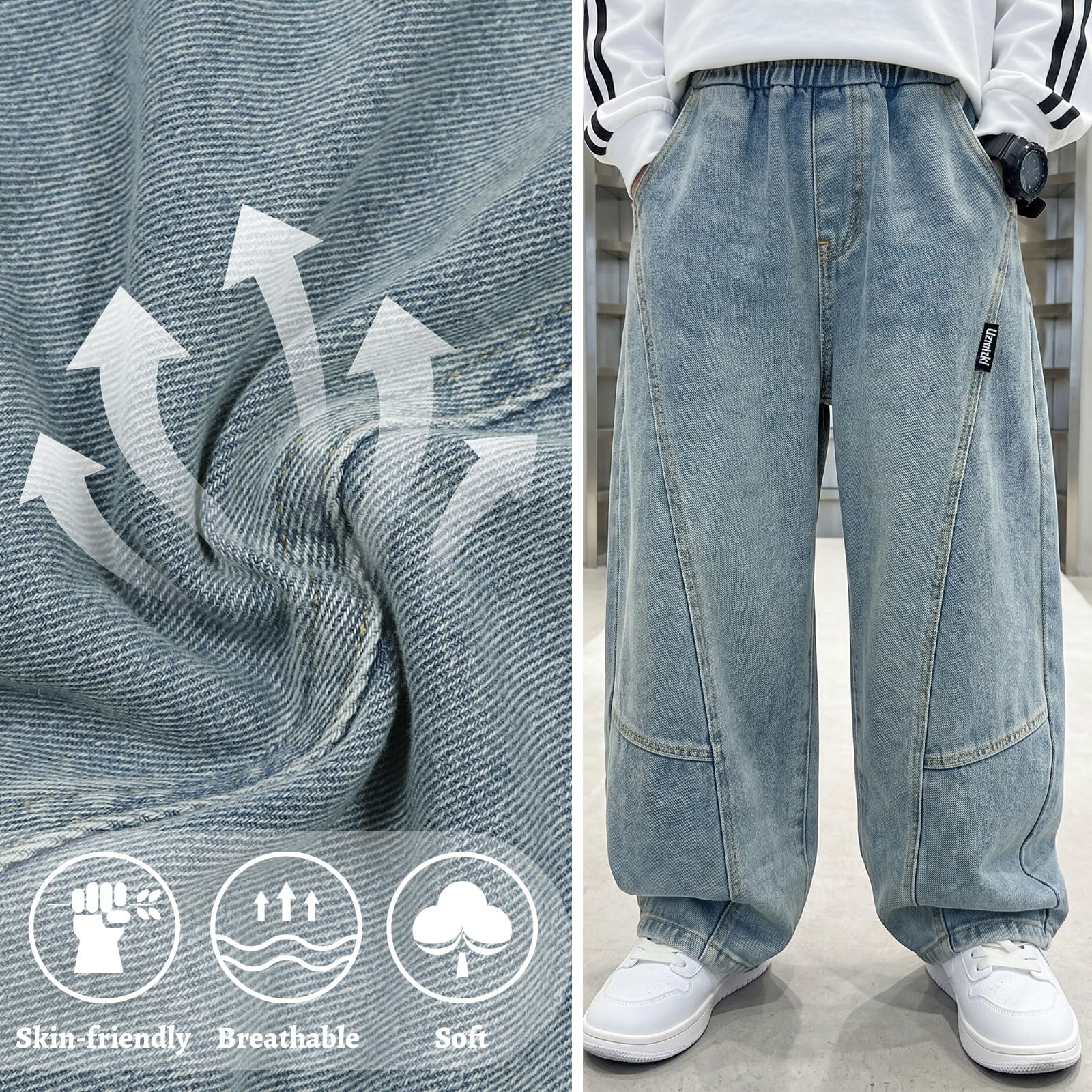 Jeans Ragazzo Baggy Loose Fit Pantaloni con Vita Elasticizzata Tasche Multiple Bambino Lunghi Denim Pants Moda Streetwear Casual Stretch Vintage Jeans per Ragazzi 7-15 Anni