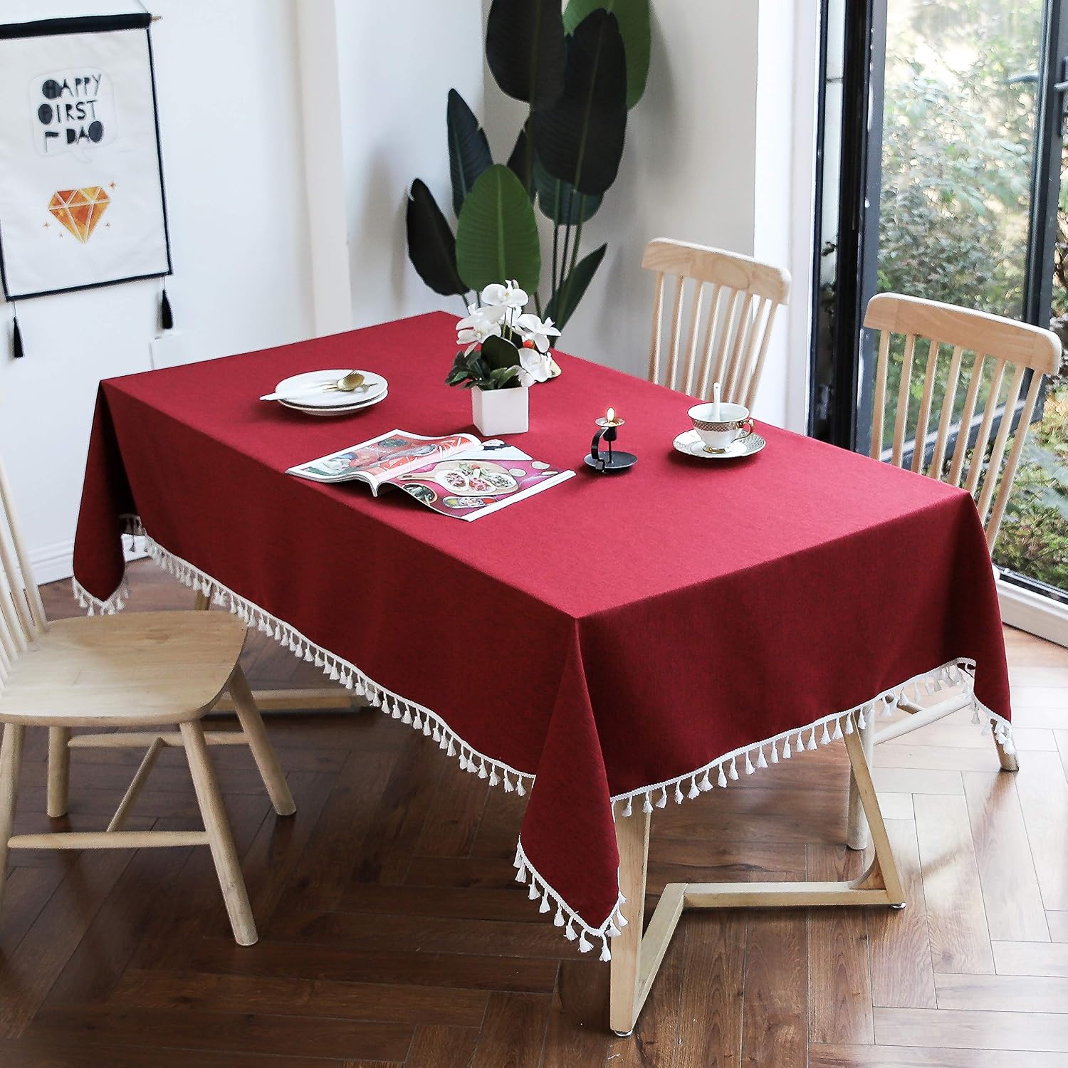 smiry Rustic Farmhouse Linen Tablecloth, Embroidered Burlap Table Cloth with Tassel, Wrinkle Resistant Dining Room tablecloths for Rectangle Tables, 55 x 102 inches, Burgundy