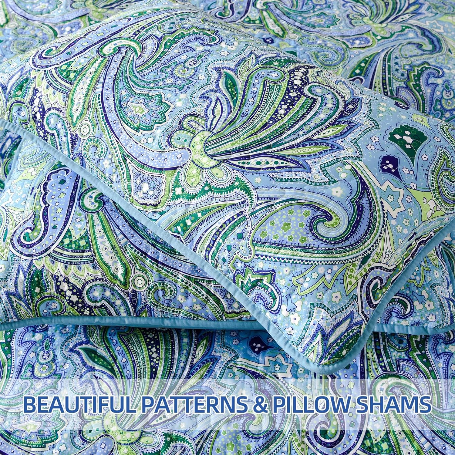 DJY Teal Paisley Quilt Set King Size Boho Bedspread Set 3 Pieces, Soft Lightweight Microfiber Coverlet Set Paisley Floral Pattern Bedding for All Season (Teal, 110''x90'') - Image 6