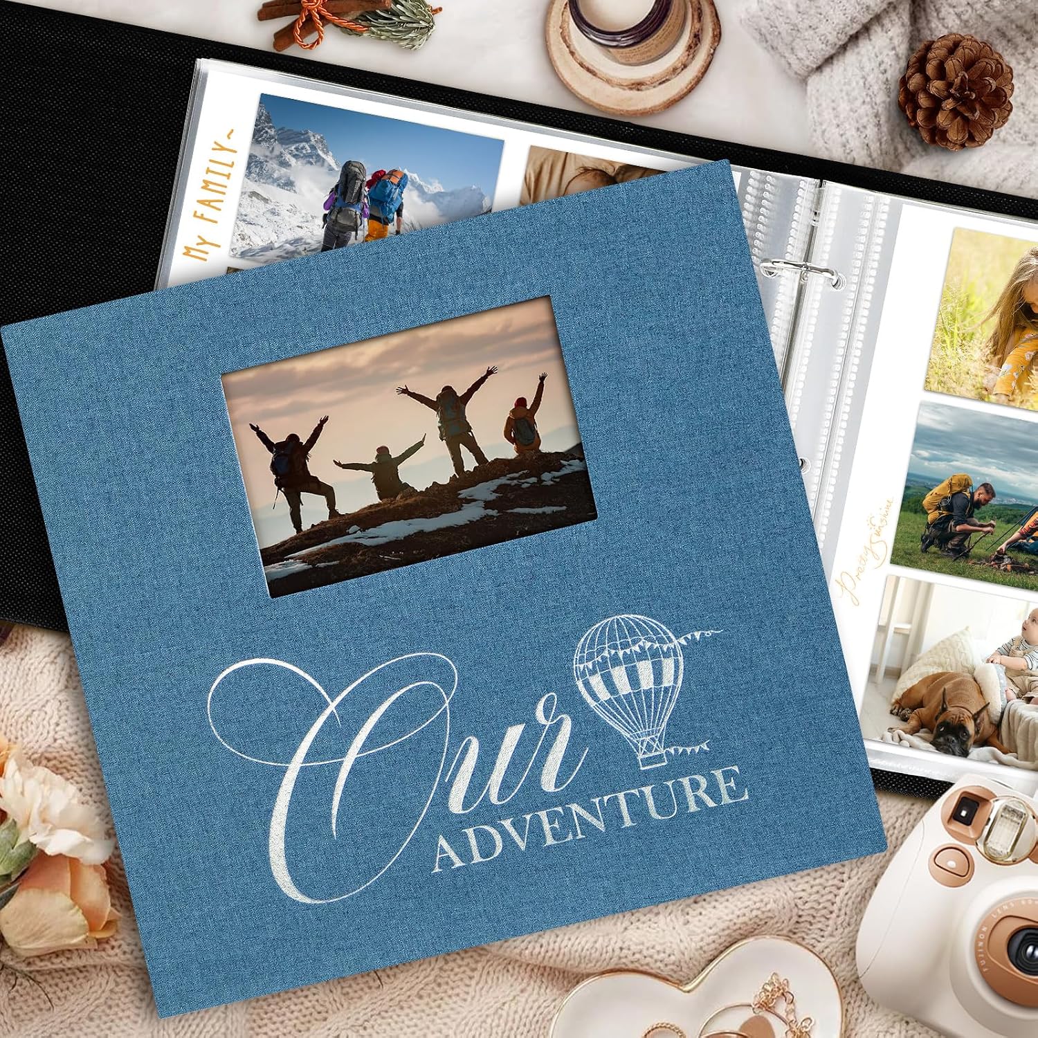 Lanpn Photo Album Scrapbook 12x12, OUR ADVENTURE Linen Cover Window Balloon Design Top Load 3 Ring Folder Binder Travel Photobook Photo Book 12 x 12 inch with 30 Plastic Sleeves 60 Pages Blue image 5