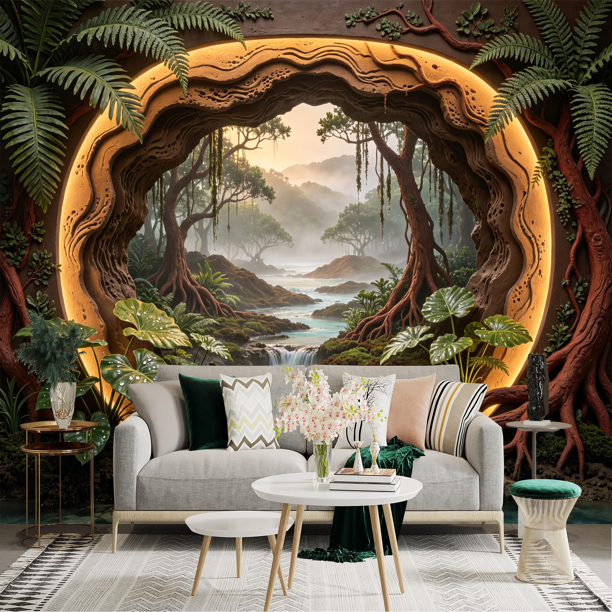 Custom Size Wall Sticker Mural， Enchanted Forest Stream with Glowing Arch and Tropical Plants， for wall Decoration， peelandstick wall Decals.