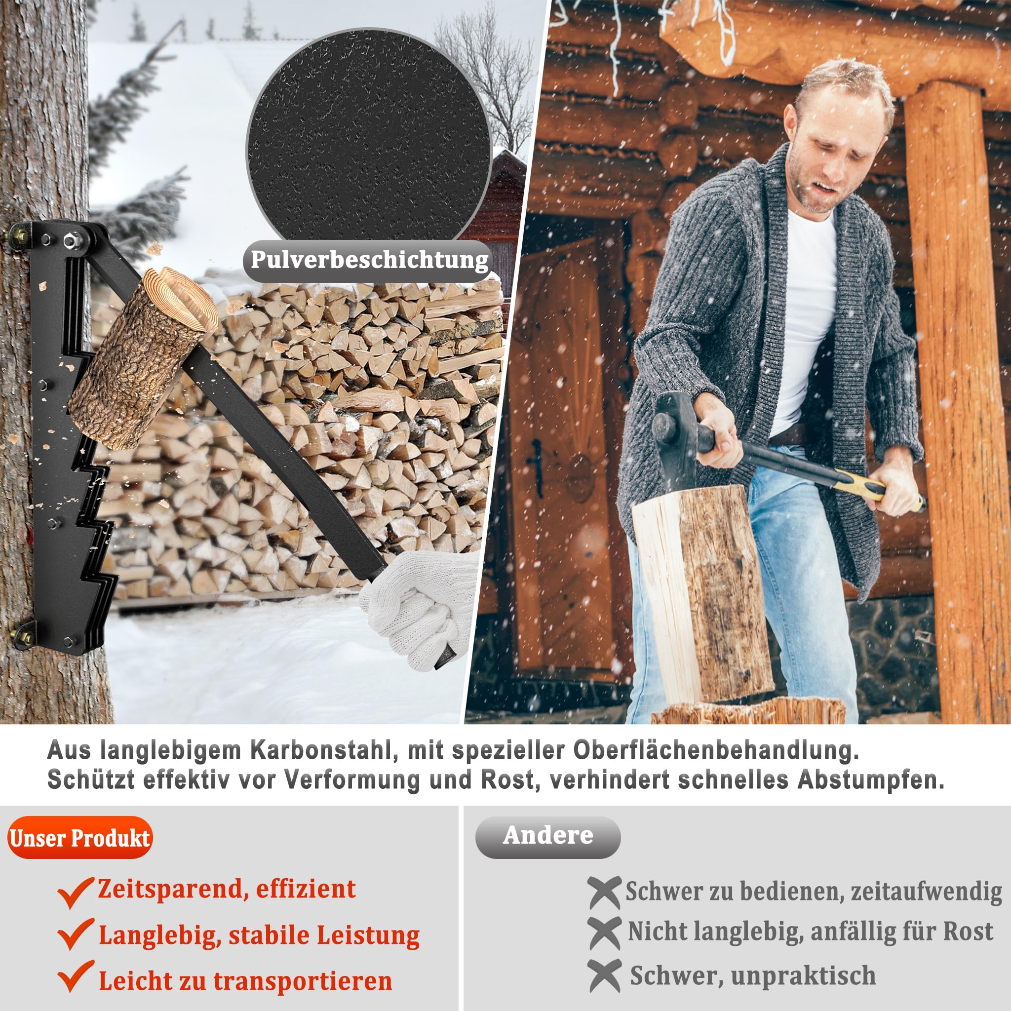 Froadp Divisor de madera manual de montaje en pared de acero al carbono, con guantes antideslizantes y bolsa para leña, herramienta para camping