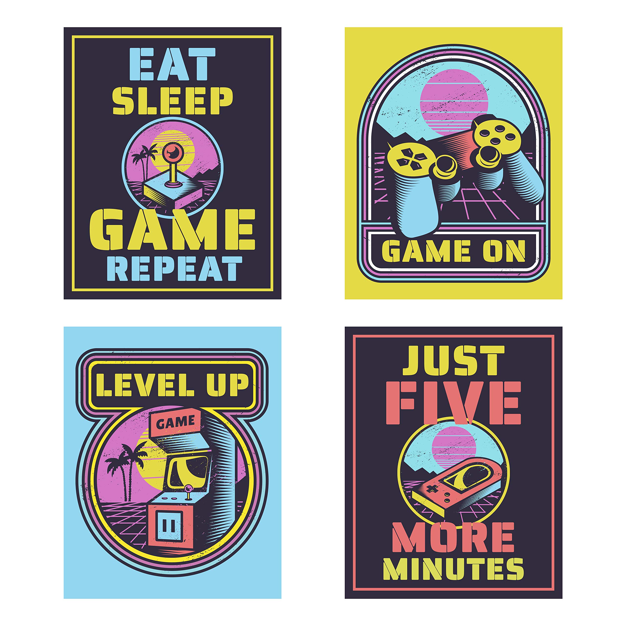 Video Game Room Decor Set of 4 Posters (8”X10”), Gaming Artwork for Boys Gamer Room Decor, Gaming Wall Art for Kids Playroom, Video Game Poster Gift, Video Gaming Prints, Unframed (Retro Colors)