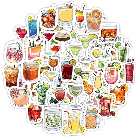 BulbaCraft Cocktail Stickers for Water Bottle and Laptop - Cocktail Party Favors & Decorations, Waterproof Vinyl Decals, Drink and Fun Stickers, Gifts for Women & Men