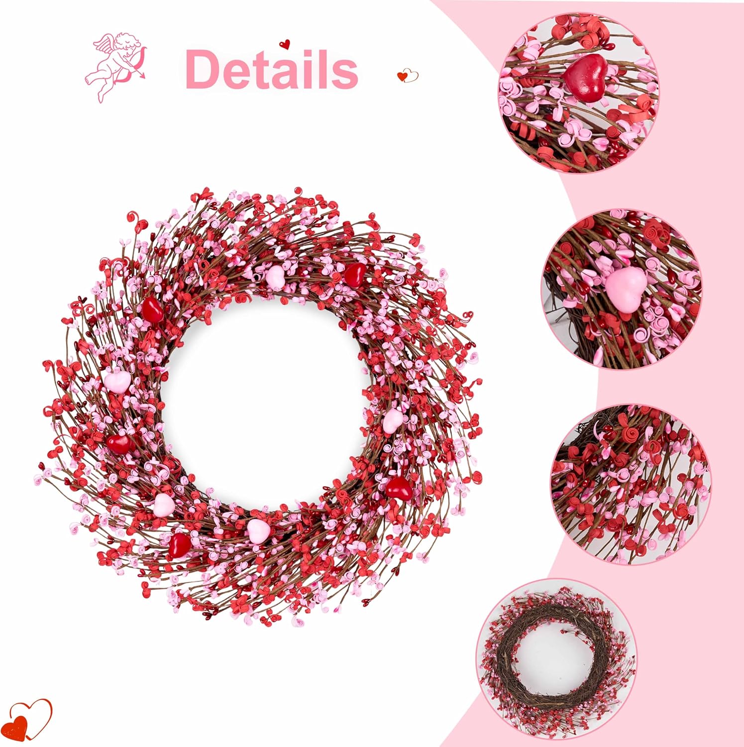 Valentine's Day Wreath 20 Inch Valentines Day Wreaths for Front Door Handmade Red Heart Shaped Berry Wreath with Pink Love Heart Berries for Valentine Party Anniversary Candlelight Dinner
