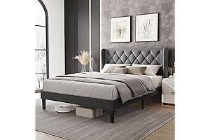 Queen Bed Frame with Headboard Upholstered in Linen