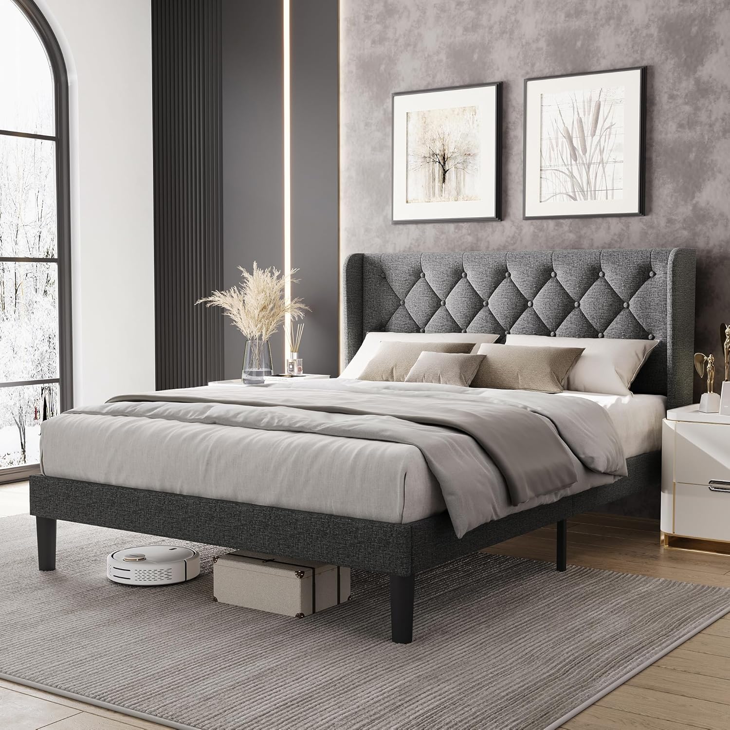 LINSY Queen Bed Frame with Headboard, Linen Upholstered Bed