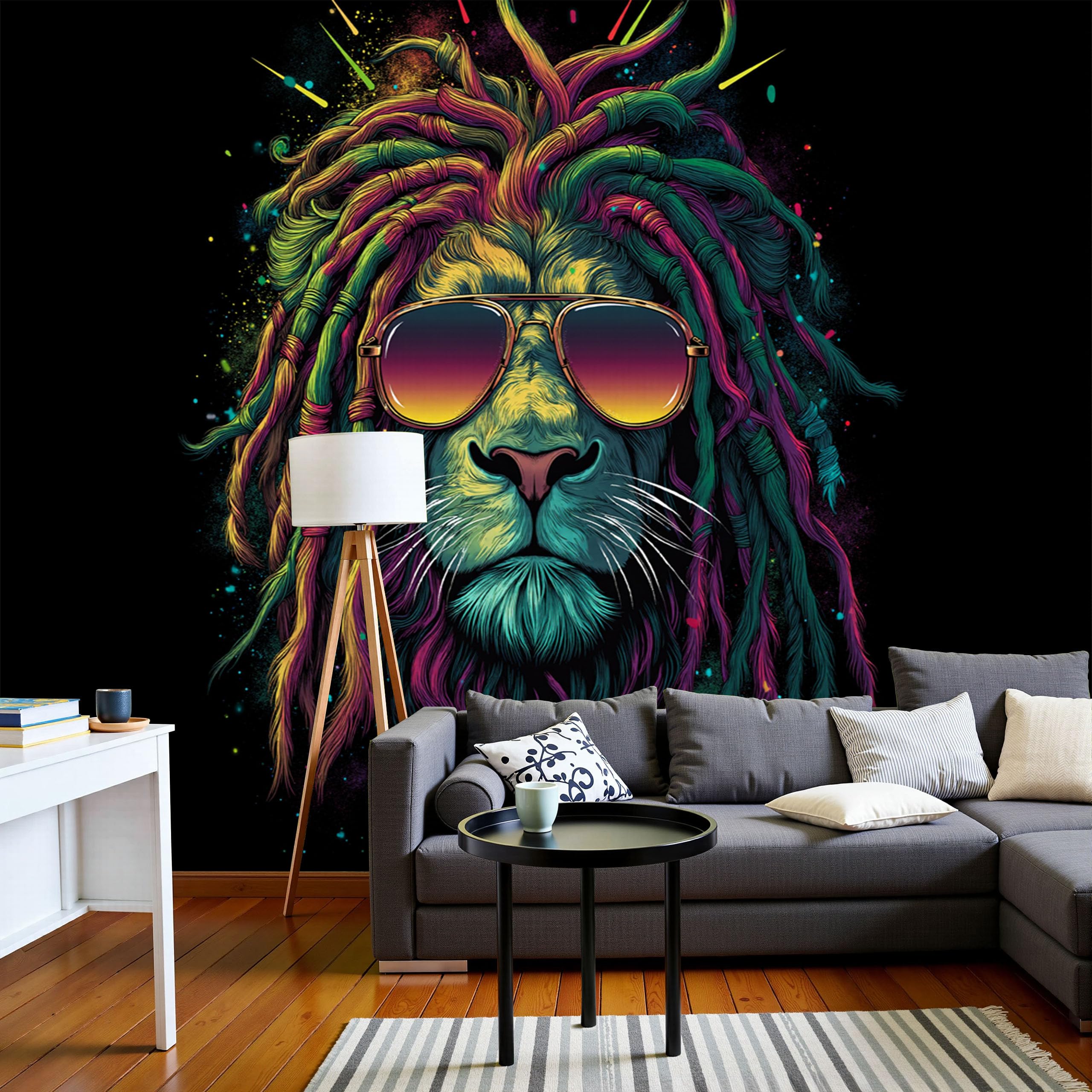 Lion noir panoramique en papier peint mural de 450x315 cm pour un salon moderne
