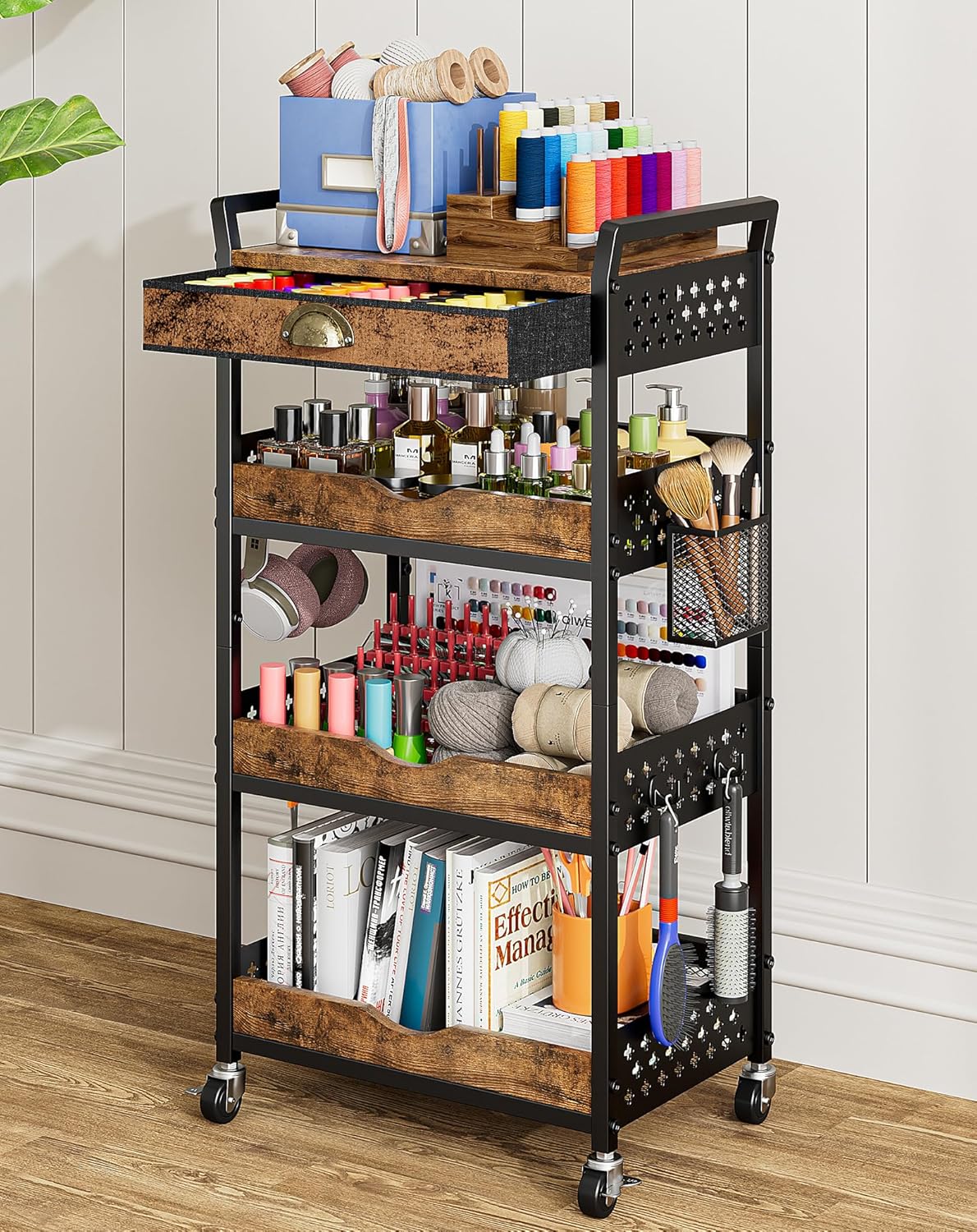 Rolling Cart Organizer with Removable Drawer, 4-Tier Art and Craft Storage Cart, Nail Makeup Organizer, Metal Utility Cart with Wheels for Kitchen Bathroom Essentials, Coffee Supplies, Snack