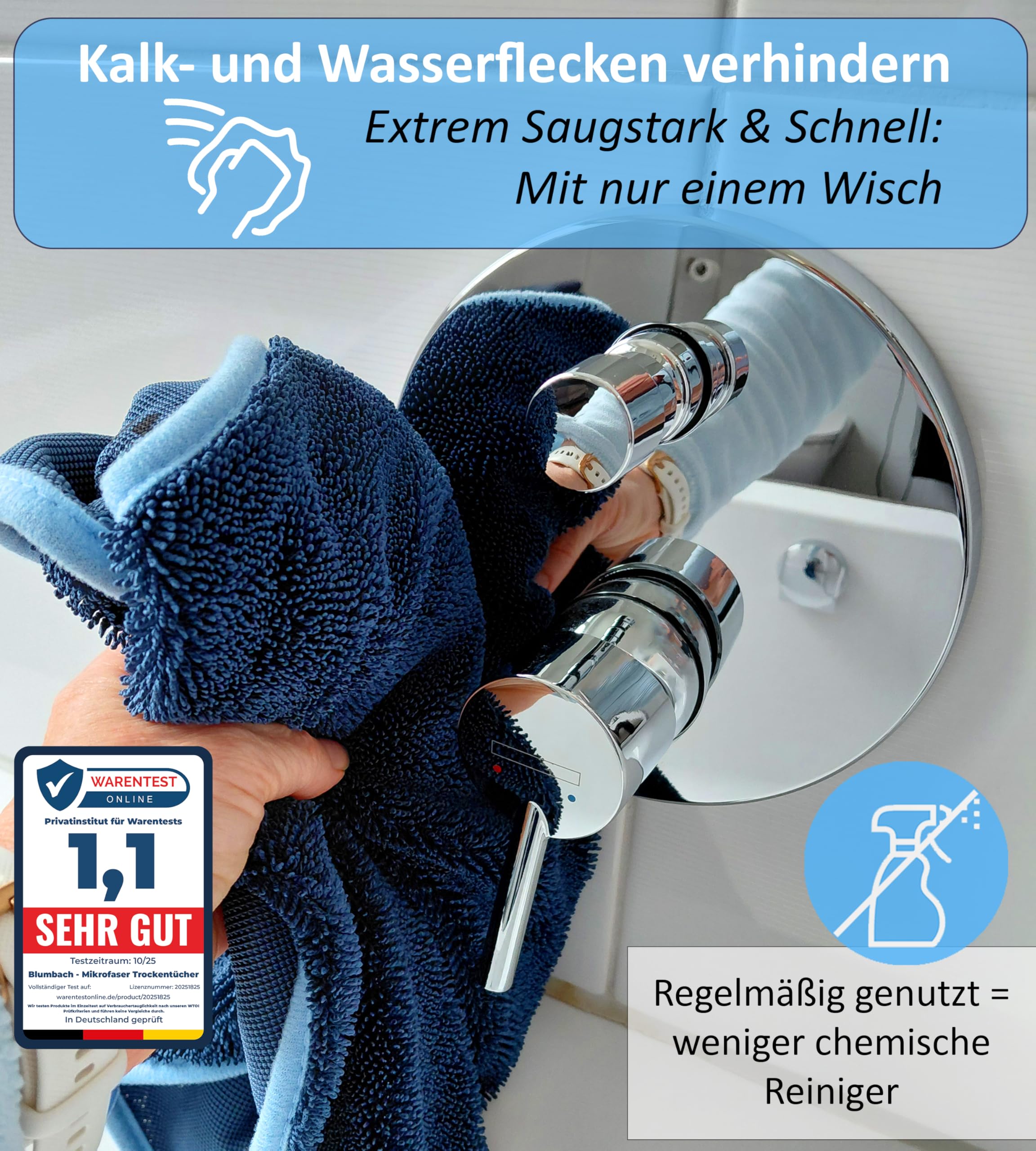 BLUMBACH® Trockentuch Dusche 2-Set 700 GSM 40x60cm Microfaser Putztuch | Trockentuch Auto, Mikrofasertücher extrem saugstark mit 2 Klebehaken, Ultra wipes Trockentücher, das blaue wunder Tücher