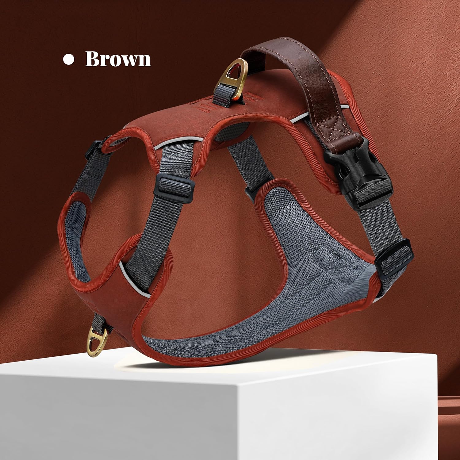 No Pull Dog Harness Small Sized Dog,Stylish PU Leather Vest with Easy Control Handle,No Choke Front Clip with 2 Metal Leash Clips,Reflective & Adjustable for Walking,Brown,Chest 19-24"