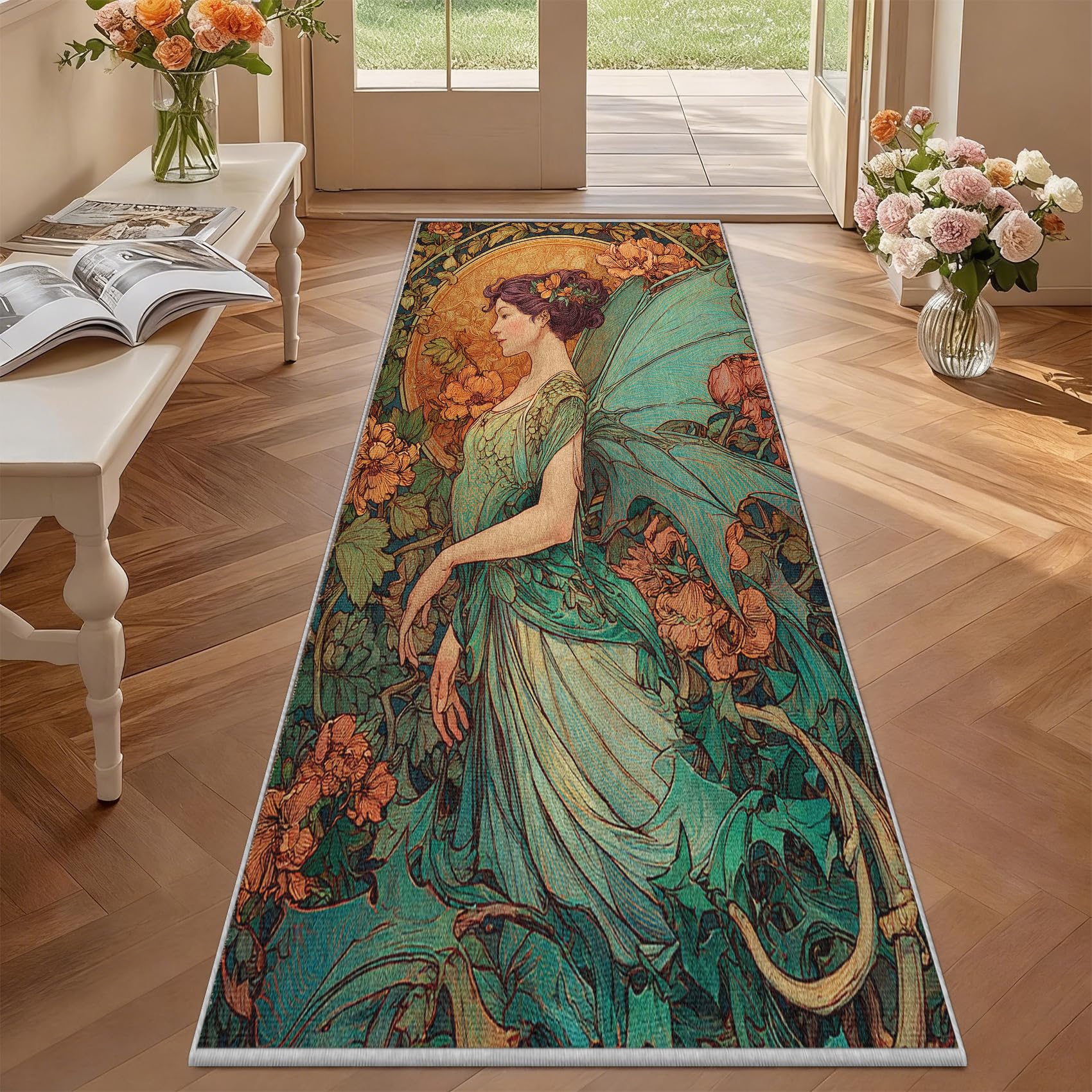 Tapis couloir antidérapant 70x200 cm lavable en machine style vintage Alphonse Mucha