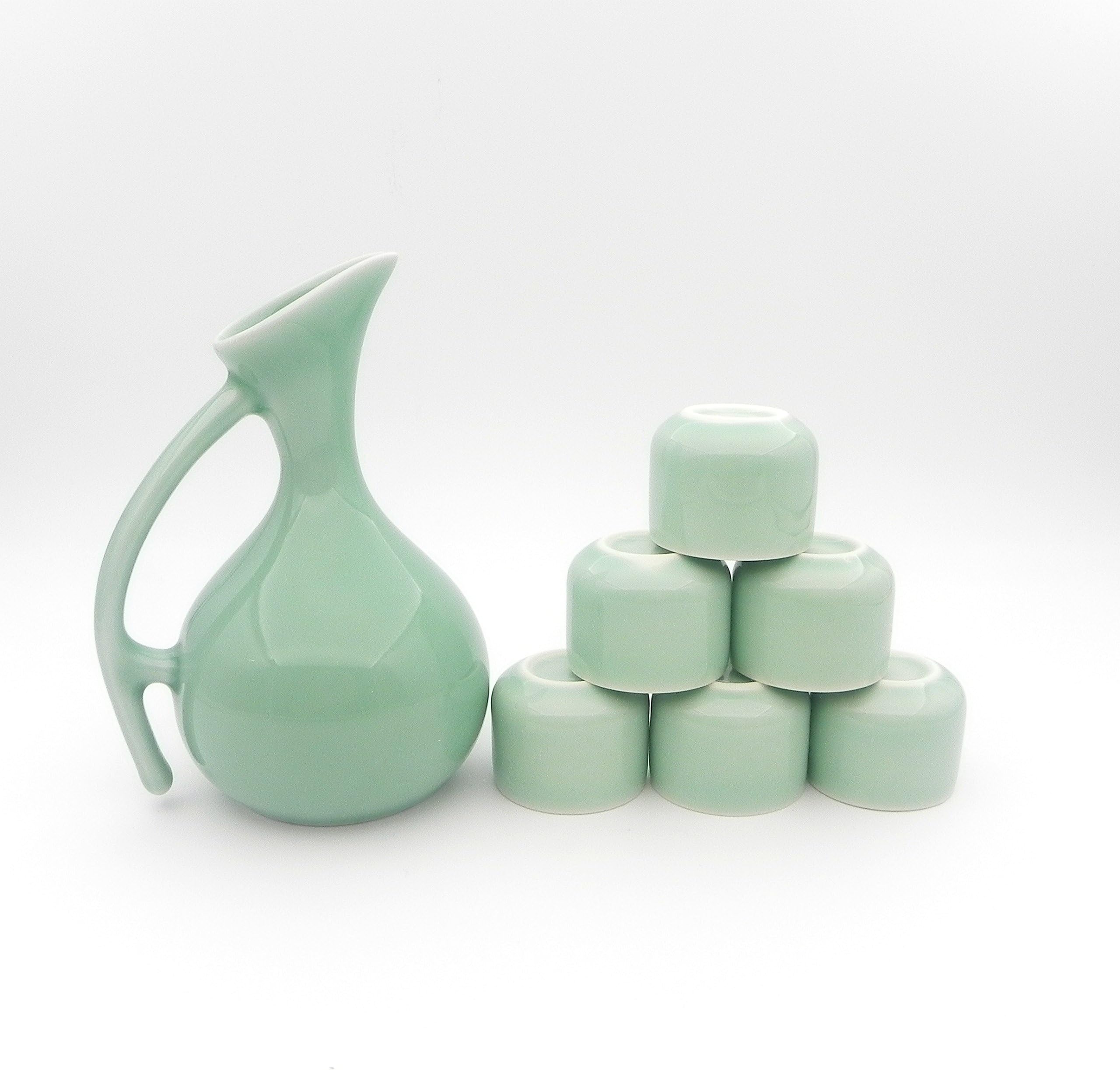 Ashbur Craftmanship 7 Piece Japanese Celadon Glazed Ceramic Sake Set, Swan Style (Plum Green)