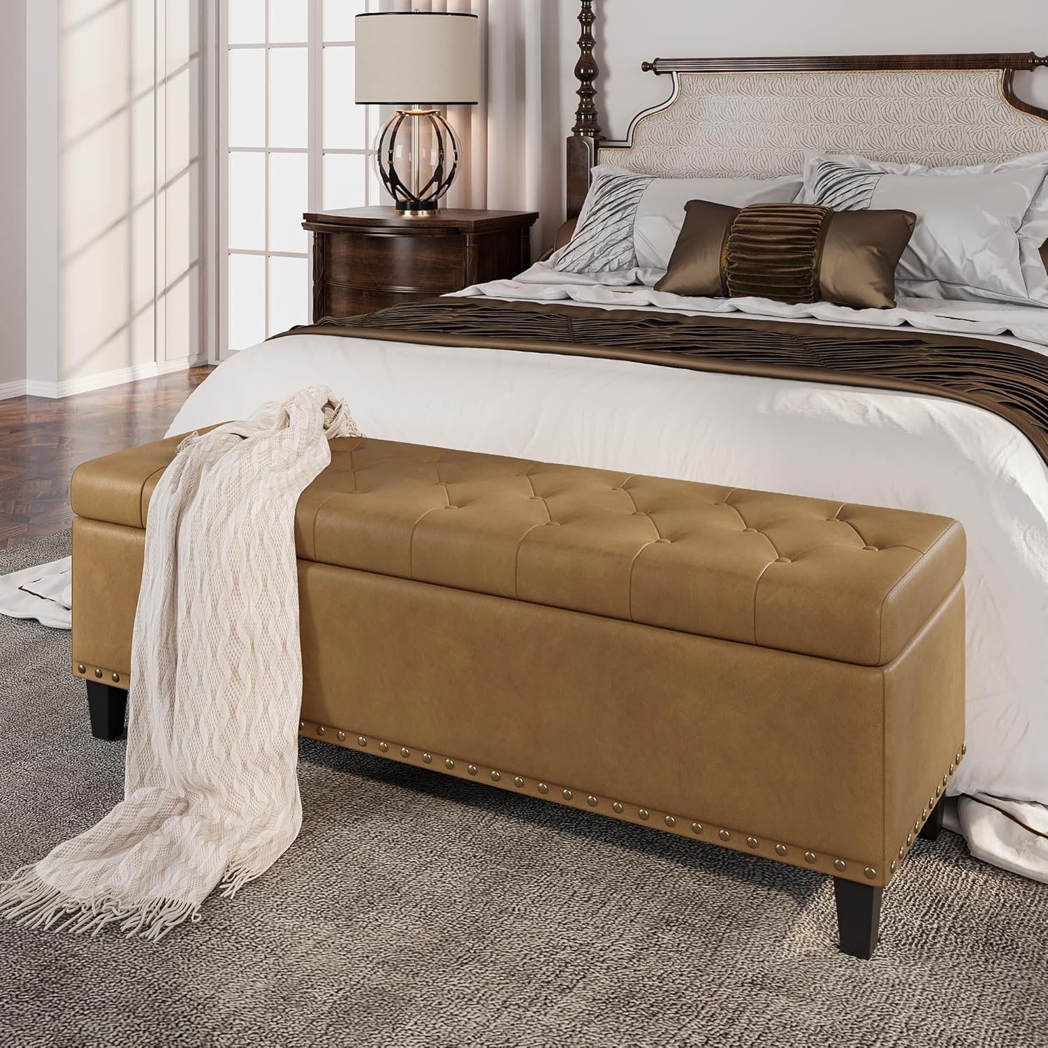 Size 51 Color brown Storage Ottoman Bench,51-Inch Large Storage Bench for Bedroom End of Bed, 30 Gallons Faux Leather Ottoman with Storage for Bedroom, Living Room, Entryway, Hallway,Camel