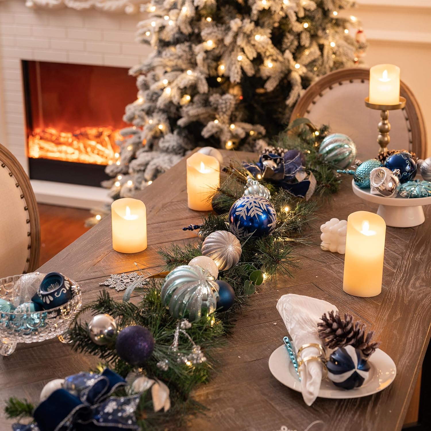 Valery Madelyn 9 Feet Pre-Lit Christmas Garland with Lights for Mantle, Lighted Outdoor Xmas Garland with Silvery Blue Ball & Ribbons for Home Stairs Fireplace Table Centerpiece Indoor Holiday Decor