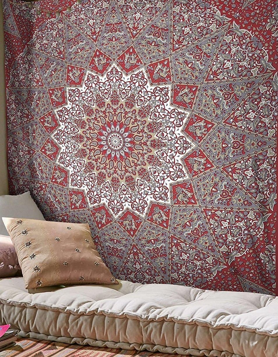 Jaipur Handloom Large Grey/Maroon Mandala Tapestry Wall Hanging Hippe Grey Tapestry Wall Hanging Large Table Runner Bed Cover for Dorm, Bedroom, Living Room Indian Cotton Bohemian Bedspread