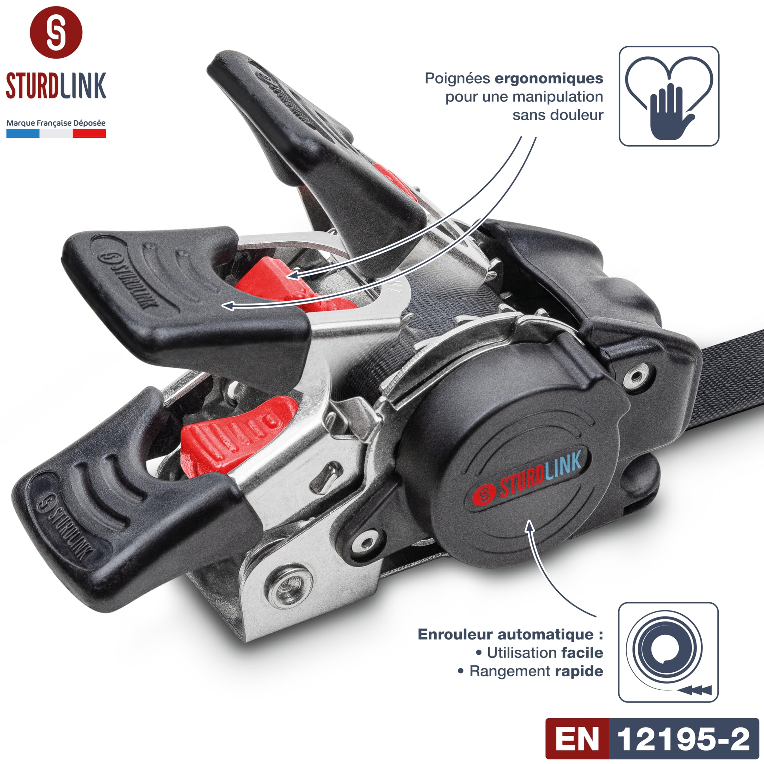 Sangle a Cliquet Automatique Acier Inoxydable 1,8m 25mm Crochet S a Linguet LC 300daN, 600daN en U | Enrouleur de Sangles Automatiques | Sangle Retractable avec Poignée Ergonomique | Lot de 2 + Sac