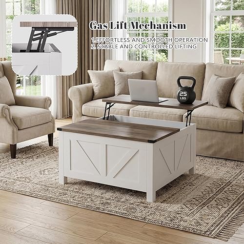 Miniatura 5 de Mesa de centro de granja de 35 pulgadas con gran almacenamiento, mesa de centro de madera rústica para sala de estar, mesa central cuadrada con