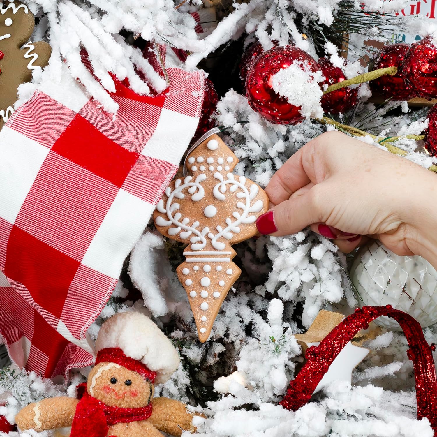 AuldHome Design Gingerbread Cookie Christmas Ornaments (Set of 12); Large Tree, Snowflake and Finial Shaped Holiday Cookie Decorations, 4-5 Inch Size - Image 4