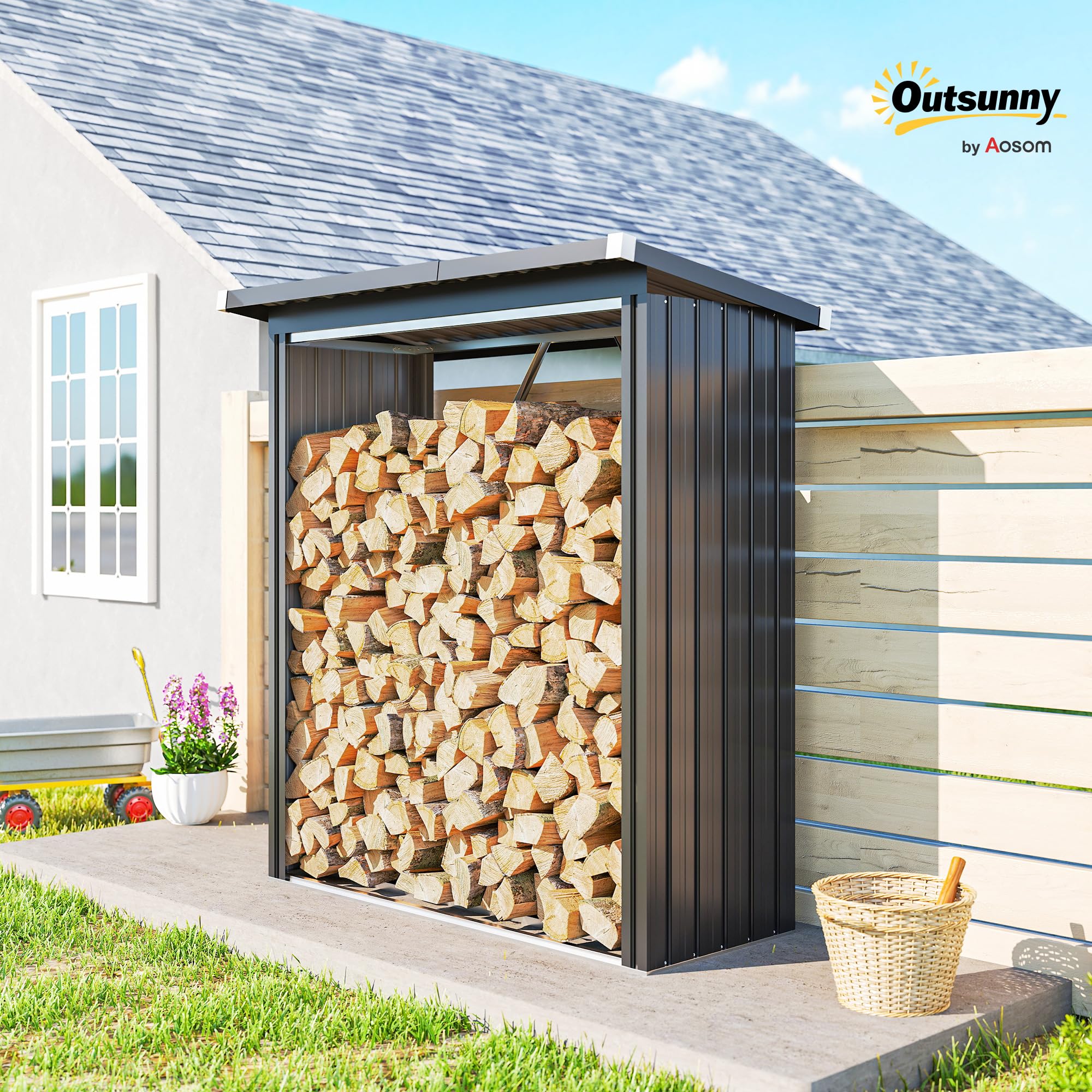 Outsunny Brennholzunterstand erhöhtes Brennholzregal mit Pultdach Schnelle Montage Kaminholzunterstand Metall Holz Lager Brennholzlager Garten Holzlager für Kaminholz Dunkelgrau