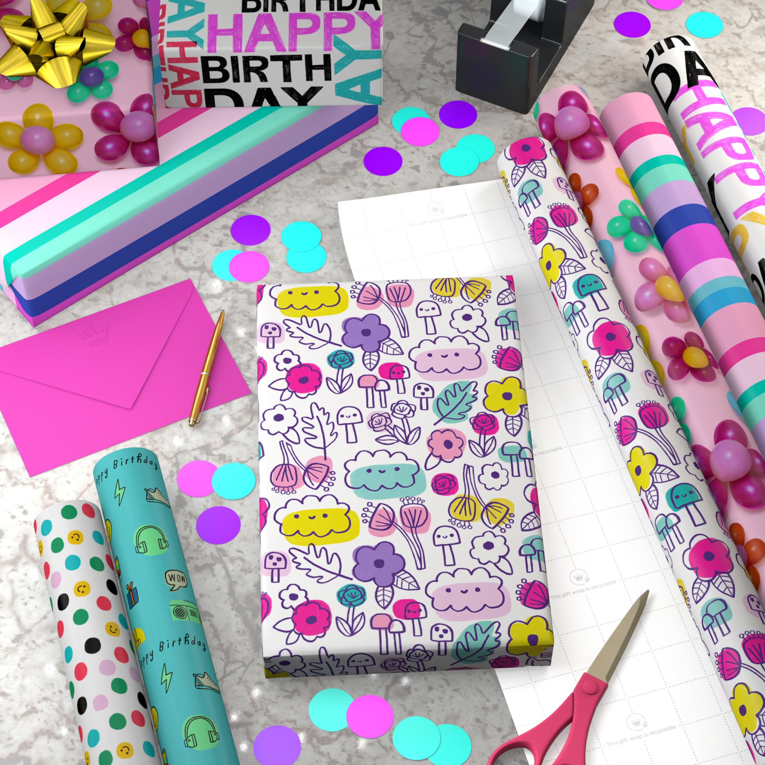 Hallmark Geschenkpapierrollen zum Geburtstag - Blumen, Streifen, Rosa, Blaugrün und Schwarz Polka Dots Geschenkpapier (Set mit 6 Rollen: 180 sq. ftl.)