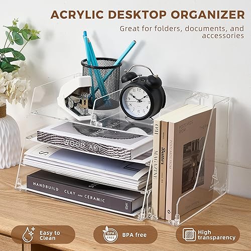 Miniatura 7 de Organizador de escritorio de acrílico, bandeja de 4 niveles con soporte vertical para archivadores, libros, papelería, cartas, revistas, documentos