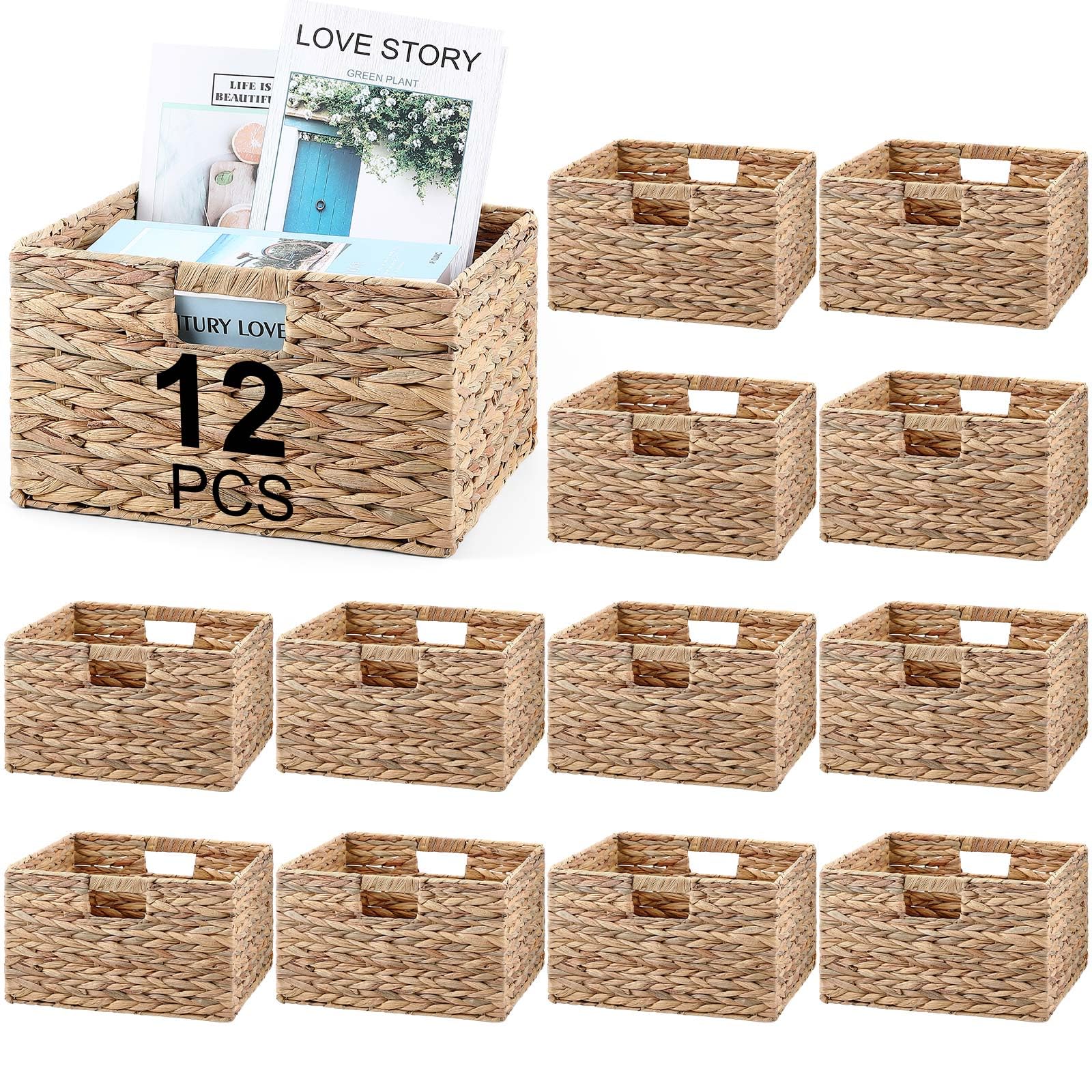 Jinei 12 Pcs Wicker Storage Basket Bulk 13 x 13 x 8 Inch Handwoven Water Hyacinth Cube Bin with Handles Woven Laundry for Organizer Shelves Wood Color