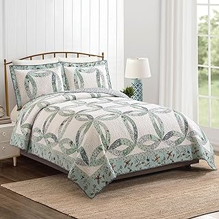 Felicity Wedding Ring 3-Piece Quilt Set - Lightweight Coverlet Set, Floral Vintage Quilted Bedding Set with 2 Shams, All Seasons, King Size, Blue - Buy now