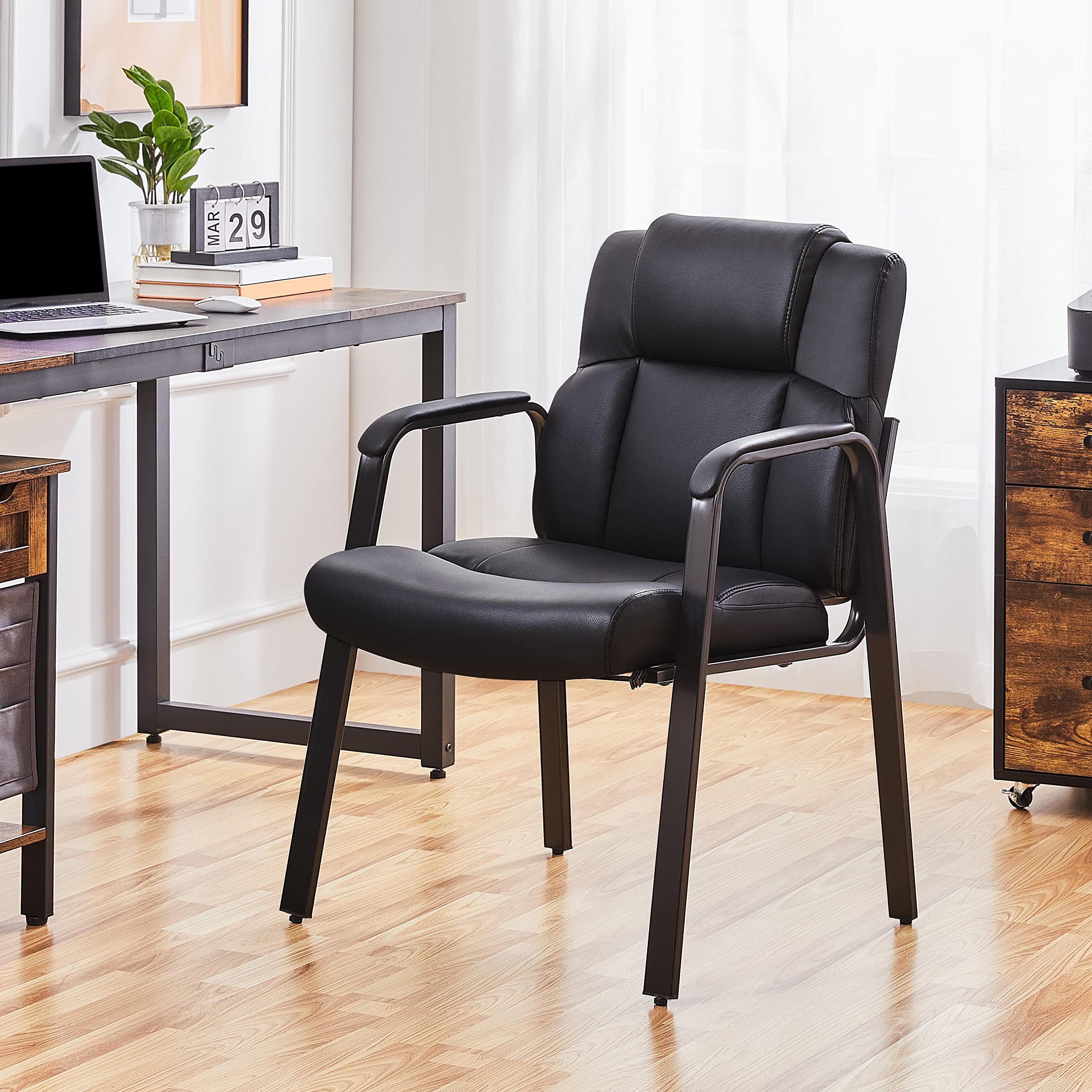 Yaheetech 2 chaises de Bureau invités de Luxe sans Roues pour réunions de conférence et Salle d'attente visiteurs ergonomiques en Similicuir, portée 136 kg Noir