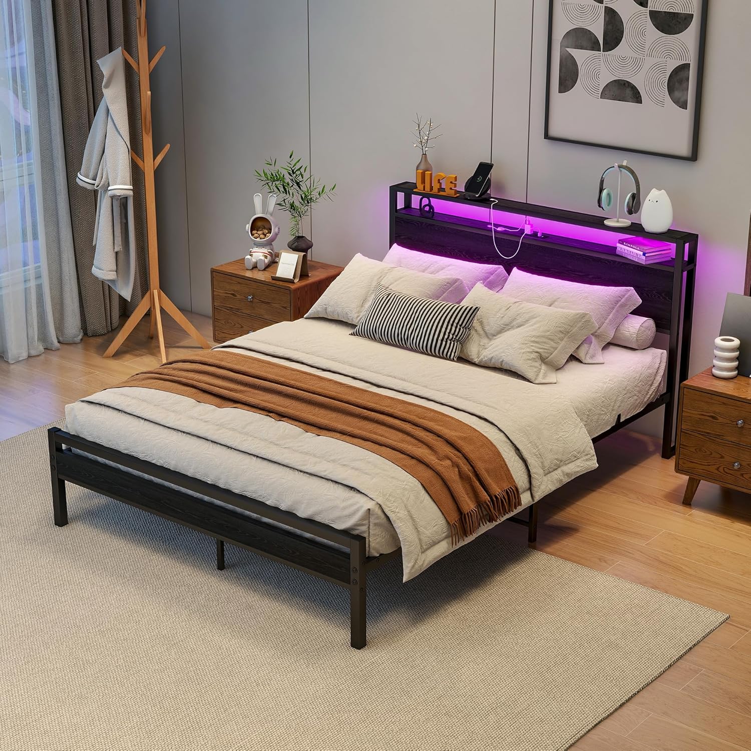 HOJINLINERO Queen Bed Frame with Storage Headboard,Bed Frame Queen Size with Charging Station & LED Lights,Metal Platform Bed No Box Spring Needed,Mattress Foundation,Heavy Duty Slats,Noise Free,Black - Image 6