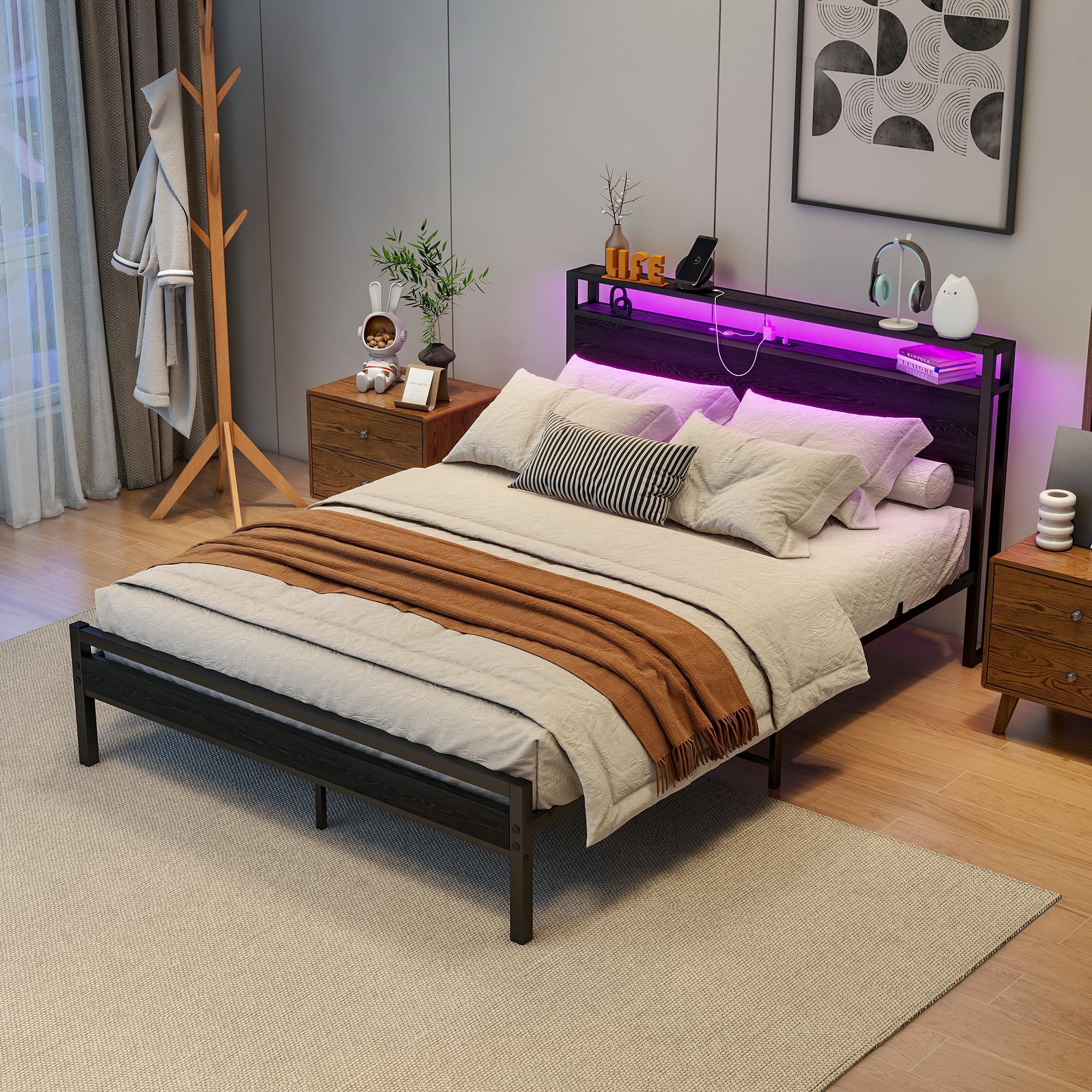 HOJINLINERO lit 140 x 200 cm, rangement et sommier à lattes, fonction USB et éclairage LED, lit moderne, cadre