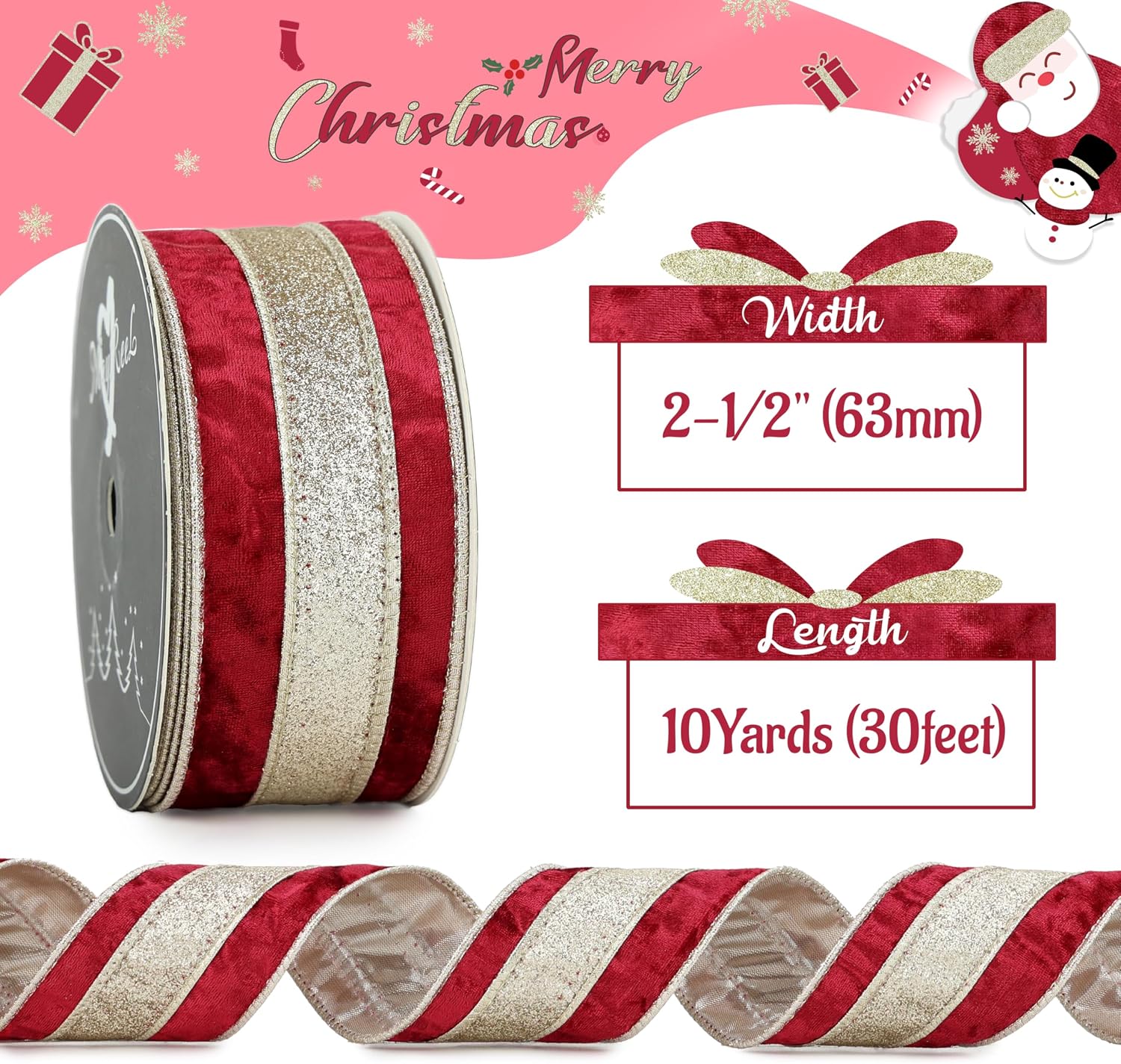 MAYREEL Burgundy Crushed Velvet Wired Ribbon 2.5 Inch Christmas Ribbon with Champagne Gold Glitter Stripe, 10-Yard Roll for Christmas Tree, Wreaths, Garlands, Bows & Elegant Holiday Décor