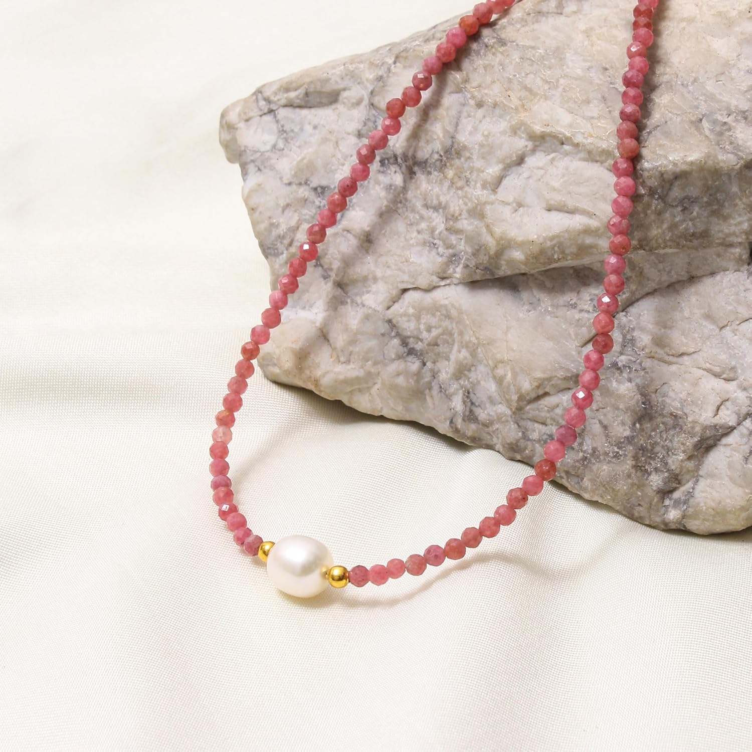 A&M Gems Natural Gemstone 3-3.5 mm Round Faceted Beaded Necklace for Women 7-10 mm Freshwater Pearl Choker Style Gold Plated Hypoallergenic Non-Tarnish Handmade Jewelry 18 Inches