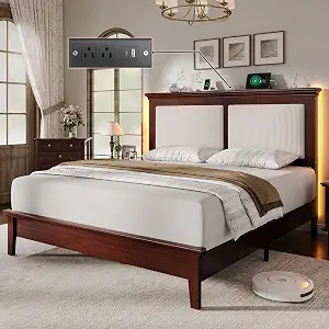 Lifezone Queen Bed Frame with Headboard, Solid Wood, Charging Station & RGB LED, Mahogany