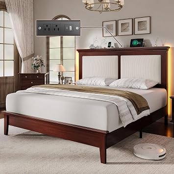 Lifezone Queen Bed Frame with Headboard, Solid Wood Bed Frame Queen Size with Charging Station & RGB LED, Wood Slats Support, Noise-Free, Sturdy Structure, Easy Assembly, Mahogany